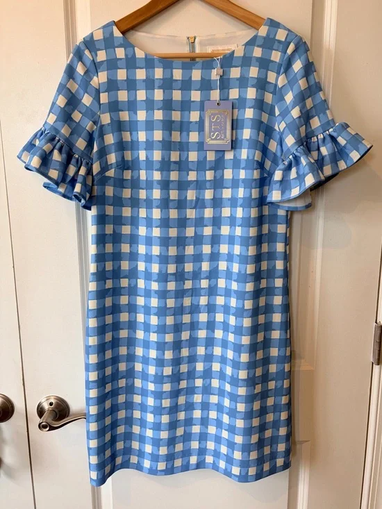 STS sail to Sable Blue and White Gingham Ruffle Sleeve Dress size 6 New with Tag - Picture 2 of 11